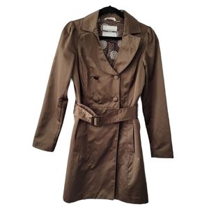 Women's Bronze Trench Coat with Floral Lining Sz M Y2K Vintage